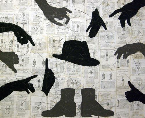 Chalk on collaged book pages of a hat, boots and pointing hands by Louise Laplante