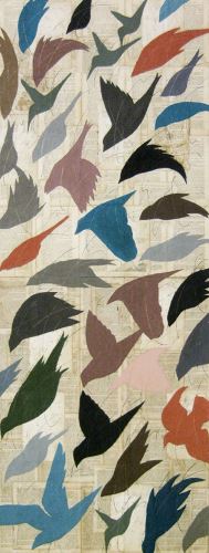 Chalk drawings of flying birds on collage book pages by Louise Laplante
