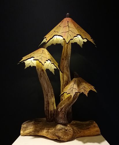 LED lamp of a trio of mushrooms with a maple base and shades by Jean-Luc Godard