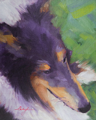 “Collie Girl, Siena” Oil portrait of a tri-color collie by Caryl Pomales