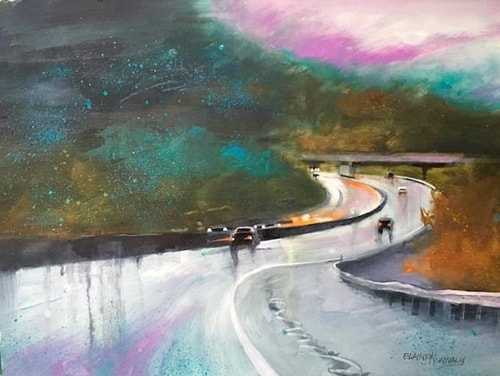 “Comin’ Around the Mountain in Orange” Behind the wheel view of a beautiful curving highway and hills, watercolor by Elaine Nunnally