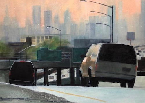“Driving Into the City” Behind the wheel view of driving on a highway into a large city, watercolor by Elaine Nunnally
