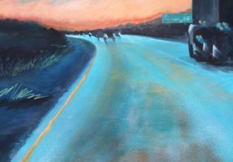 “Driving Into the Orange” Behind the wheel view in of blue highway heading into an orange sunset, watercolor painting by Elaine Nunnally