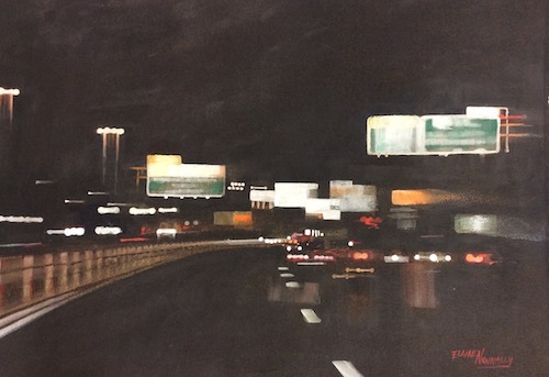 “Driving Through Tysons” Highway at night while driving through Tysons Corner from behind the wheel, watercolor by Elaine Nunnally
