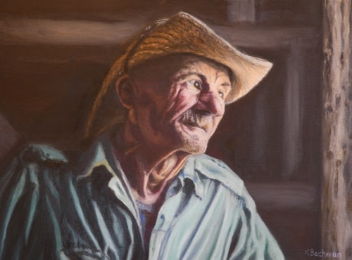 Oil Painting portrait of an old farmer by Ken Bachman