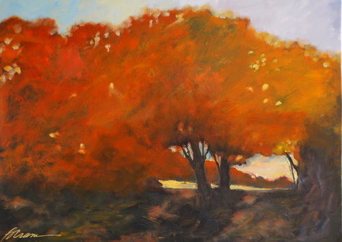Fall landscape with bright orange fall leaves, oil painting by Bob Crane
