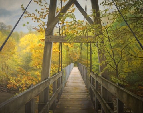 Oil painting of a wooden foot bridge in the woods inn the fall by Ken Bachman