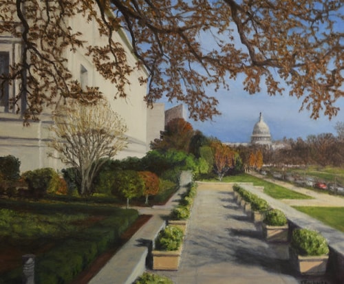 Oil painting of the view from a window of a Gallery in Washington, DC by Ken Bachman