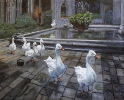 Oil painting of several geese walking through a cloister by Ken Bachman