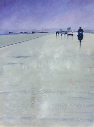 “Ghost Rider” Behind the wheel highway scene in light blues with motorcyclist, watercolor painting by Elaine Nunnally