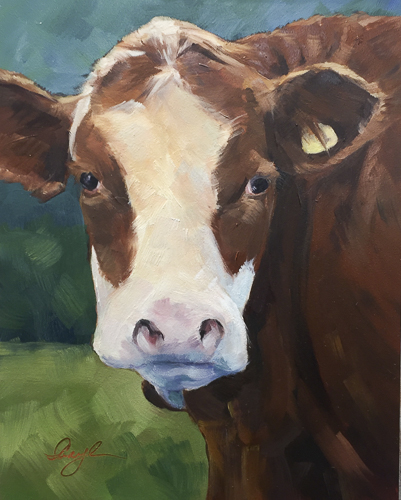 “Grazing the Shores, Lake Wakatipu” Impressionistic oil portrait of a brown and white cow staring out at the viewer by Caryl Pomales