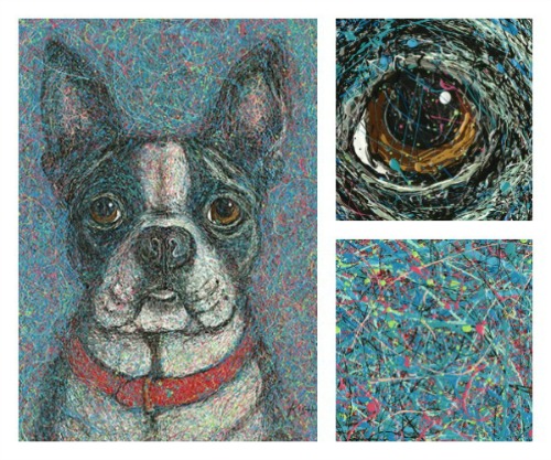 “Boston Terrier” Drip paint portrait of a Boston Terrier along with details of eye and background by Gretchen Serrano