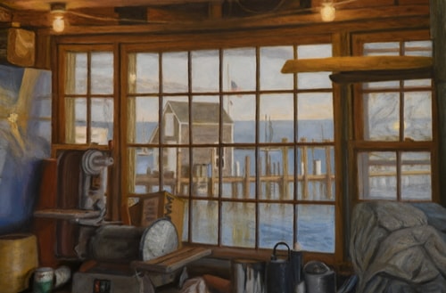 Oil painting of the view out into the harbor through the window of a workshop by Ken Bachman