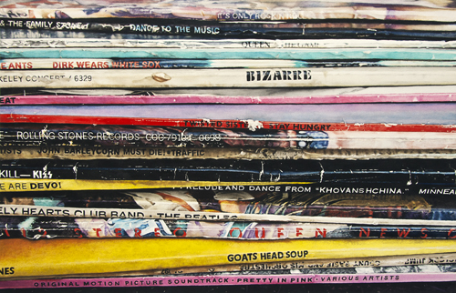 Watercolor painting of a detailed close up of the spines of record covers by Alisa Shea