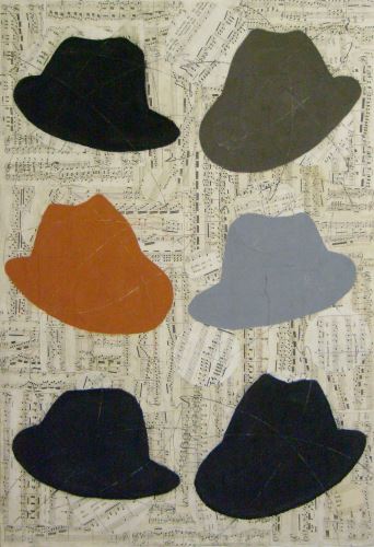 Chalk drawings of fedoras on collage music sheets by Louise Laplante