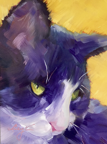 “Picasso’s HOPE” Impressionistic oil portrait of a black and white cat by Caryl Pomales