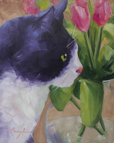 “Picasso’s Virtue of Curiosity” Oil painting of a black and white cat near a vase of flowers by Caryl Pomales