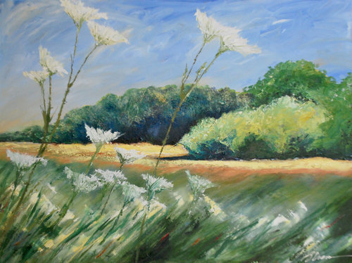 Oil painting of a field of Queen Anne's Lace by Bob Crane