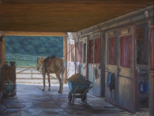 Oil painting of a saddled horse in front of a row of stalls by Ken Bachman