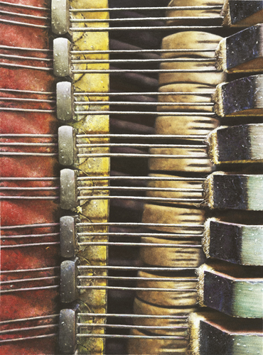 Watercolor painting of a close up of baby grand piano strings by Alisa Shea