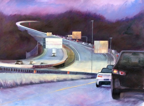 “S Curve in Purple” Image of an S curve on a highway in shades of purple, watercolor painting by Elaine Nunnally