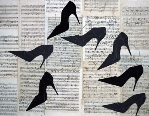 Chalk drawing of high heel shoes on collaged sheet music by Louise Laplante