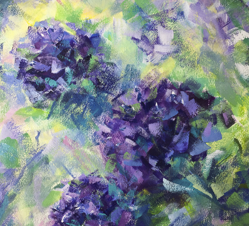 “Singing the ‘Bleus’”Impressionistic painting of blue hydrangea blossoms by Caryl Pomales