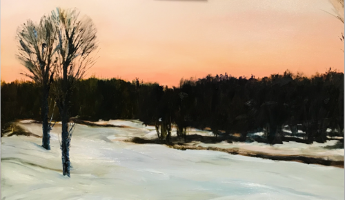 Oil painting snowy landscape at dawn