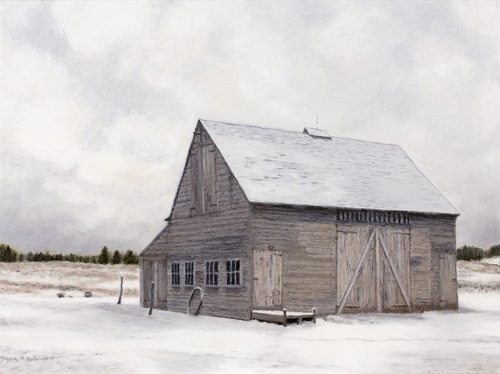 Oil painting of a barn in winter by Ken Bachman