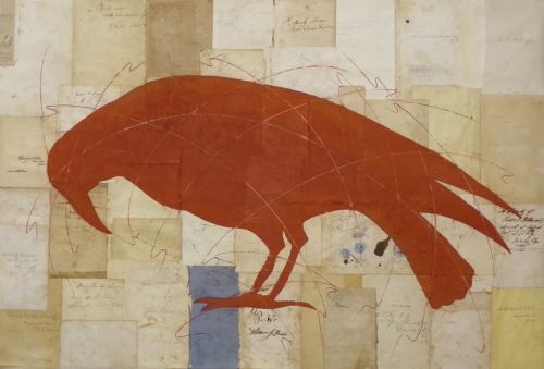 Chalk drawing of a large red crow on collaged book end papers by Louise Laplante