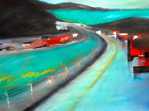 “The Reds Have It” Abstract behind the wheel view of a blue highway with blurred red vehicles, watercolor by Elaine Nunnally