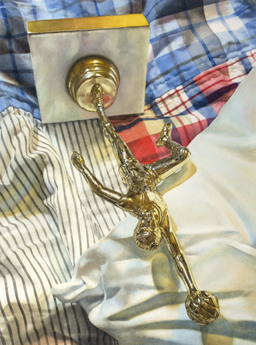 Watercolor painting of a basketball trophy lying on laundry by Alisa Shea