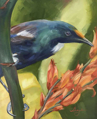 “Tui Messenger” Image of a tropical blue bird on a branch, oil painting by Caryl Pomales