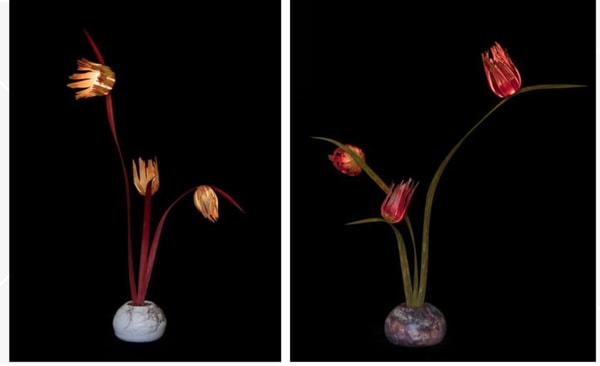 Two LED lamps of Red and Orange flowers in vases made from Wood and pottery by Jean-Luc Godard