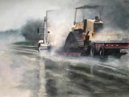 “Wide Load in the Mist” Behind the wheel view of coming up on a semi with a wide load on a misty, wet highway, watercolor by Elaine Nunnally