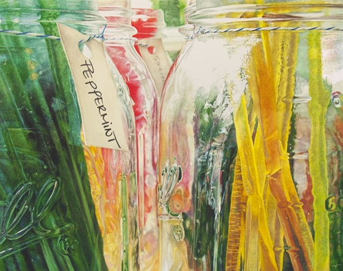 Watercolor Painting of a close up of mason jars filled with honey sticks by Alisa Shea