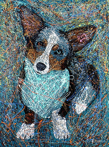 “Corgi” Drip paint portrait of a corgi by artist Gretchen Serrano