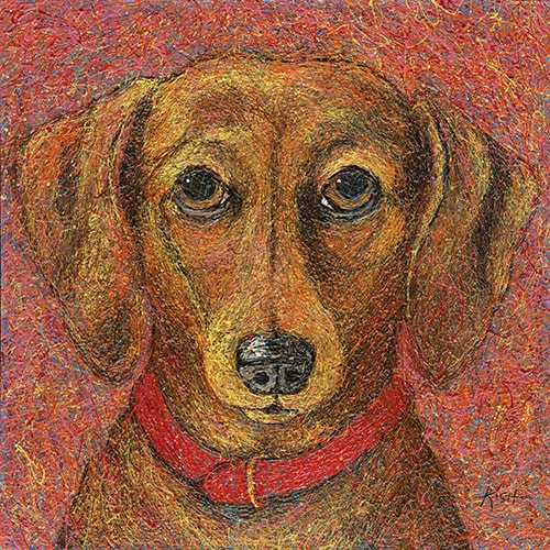 “Dachshund” Drip paint portrait of a brown dachshund by Gretchen Serrano