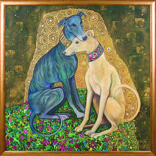 “Greyhound Kiss” Oil and gold leaf portrait of two greyhounds nuzzling each other in the style of Klimt by Gretchen Serrano