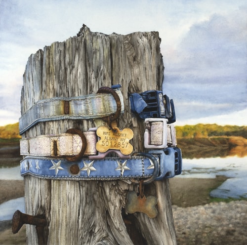 Watercolor painting of a post with three dog collars on it titled "In Memoriam" by Alisa Shea