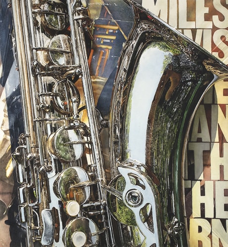 Watercolor painting of a close up detail of a saxophone by Alisa Shea