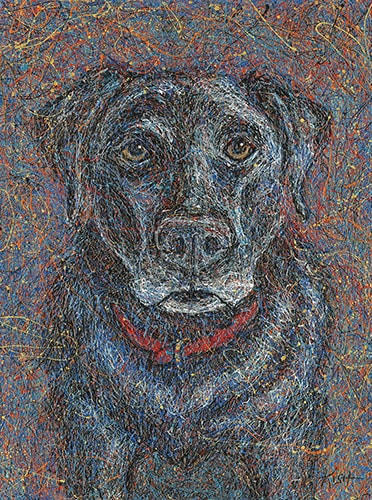 “Black Labrador” (Original 7) Drip paint portrait of a Black Labrador Retriever by Gretchen Serrano