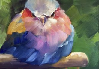 “Lilac Beauty” Impressionistic image of a small colorful bird, oil painting by Caryl Pomales