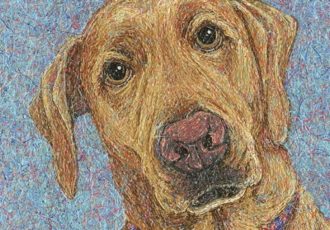 “Neptune” Dripped household paint portrait of a brown dog by artist Gretchen Serrano