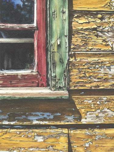 Watercolor painting of the peeling paint on a house by Alisa Shea