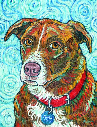 “Peyto” Oil portrait of a brown and white dog in the style of Van Gogh by Gretchen Serrano