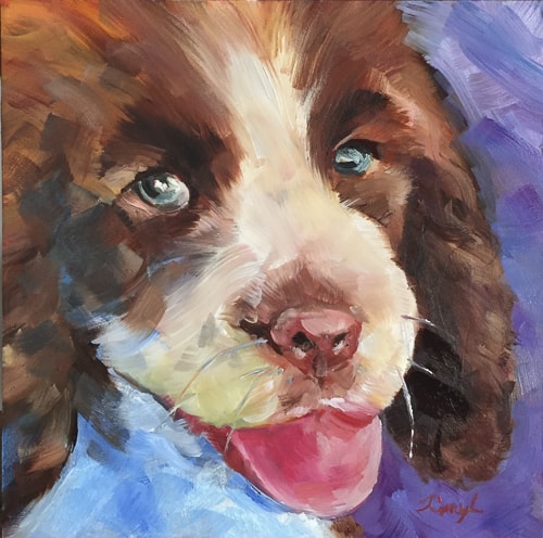 “Puppy Love” Impressionistic portait of a brown and white dog, oil painting by Caryl Pomales