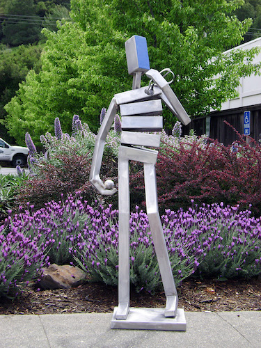 Abstract stainless steel figurative sculpture of the David statue by James Moore