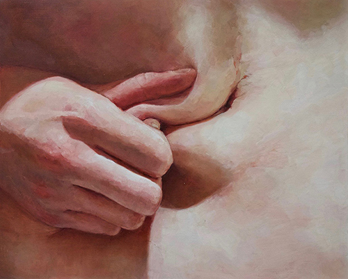 Oil painting of a woman pinching her belly by Amy Hughes