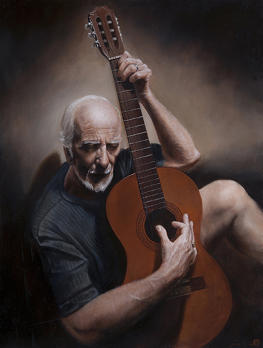 Painting of Picasso strumming a guitar by Eric Armusik